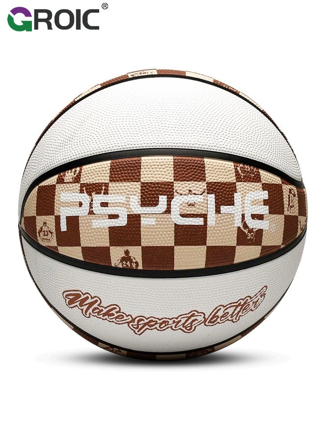 GROIC Basketball,  Classic Checkerboard Size 7 Basketball, Brown and White Design, Deep Channel Construction and Durability, Perfect for Basketball Training and Equipment Practice, Outdoor Rubber Basketballs - Image 1